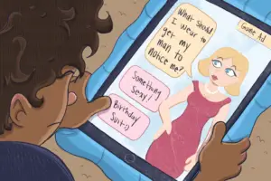 Kid playing on iPad screen with suggestive add of woman.