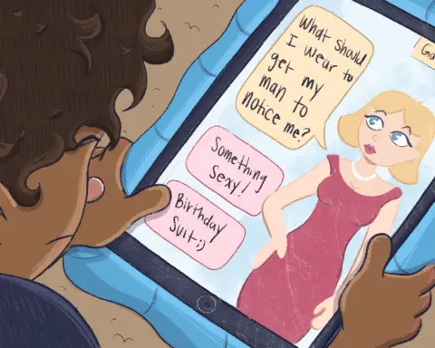 Kid playing on iPad screen with suggestive add of woman.