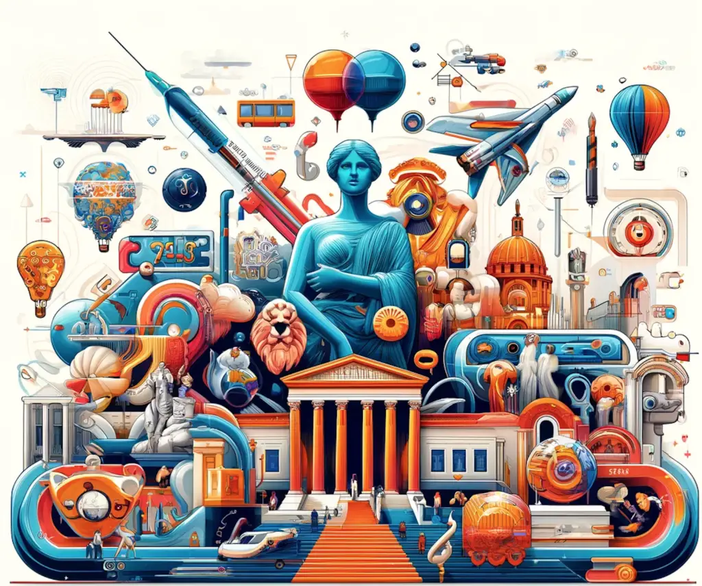 A vibrant and engaging collage that features iconic elements from the exhibitions mentioned, including artworks, historical artifacts, and scientific exhibits.