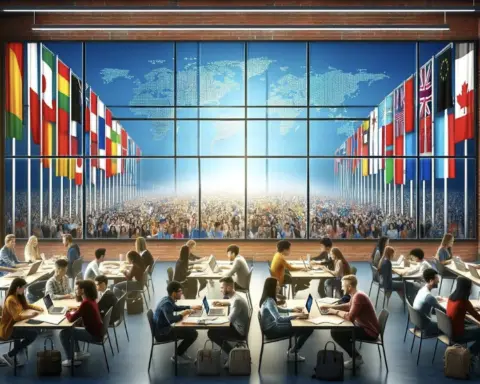 Image showcases a spacious, modern classroom filled with a diverse group of students engaged in studies at individual desks.