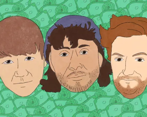 Three heads are floating in front of a background of dollar bill stacks cast in a sickly green; the left head has brown hair and bangs over his forehead; the center has stubble and dark hair going down to his shoulders, with a purple beanie on his head; the right has caramel hair and thicker stubble, and looks into the camera with a raised eyebrow. The dollars have a thick "W" engraved into their center, a company logo, staring back at the viewer instead the expected Washingtons.
