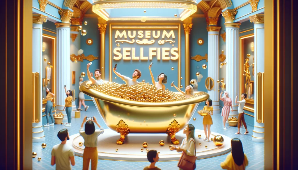 Image depicting a dynamic scene inside the Museum of Selfies in Las Vegas, focused on the golden bathtub exhibit