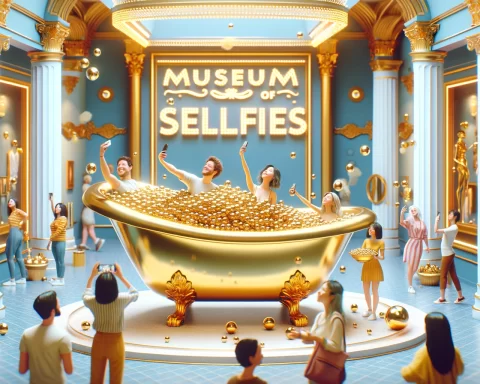 Image depicting a dynamic scene inside the Museum of Selfies in Las Vegas, focused on the golden bathtub exhibit