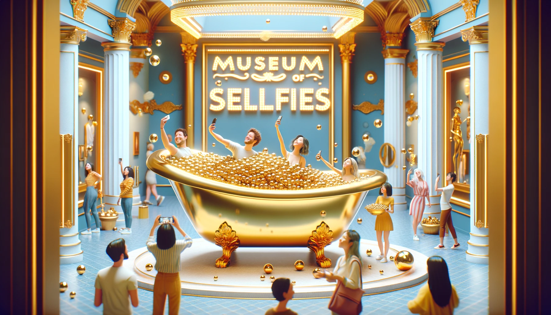 Image depicting a dynamic scene inside the Museum of Selfies in Las Vegas, focused on the golden bathtub exhibit