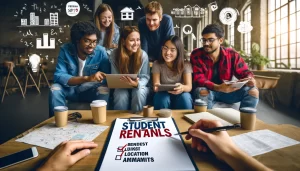 A diverse group of university students is gathered around a laptop in a casual lounge setting, discussing and searching for student rentals.