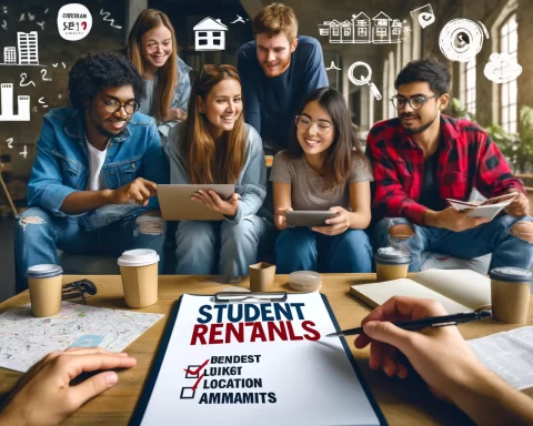 A diverse group of university students is gathered around a laptop in a casual lounge setting, discussing and searching for student rentals.