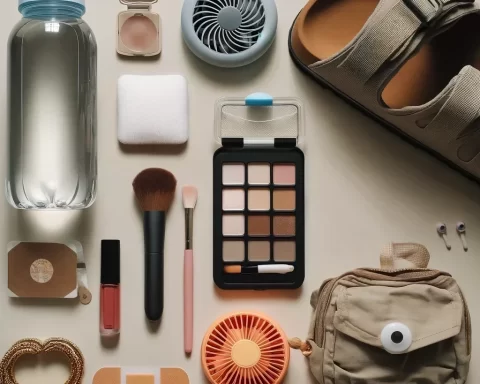 Here's an image displaying a collection of essential items for a busy day. You can see items like a water bottle, makeup kit, oil blotting sheets, portable fan, Band-Aids, and comfortable shoes arranged neatly.