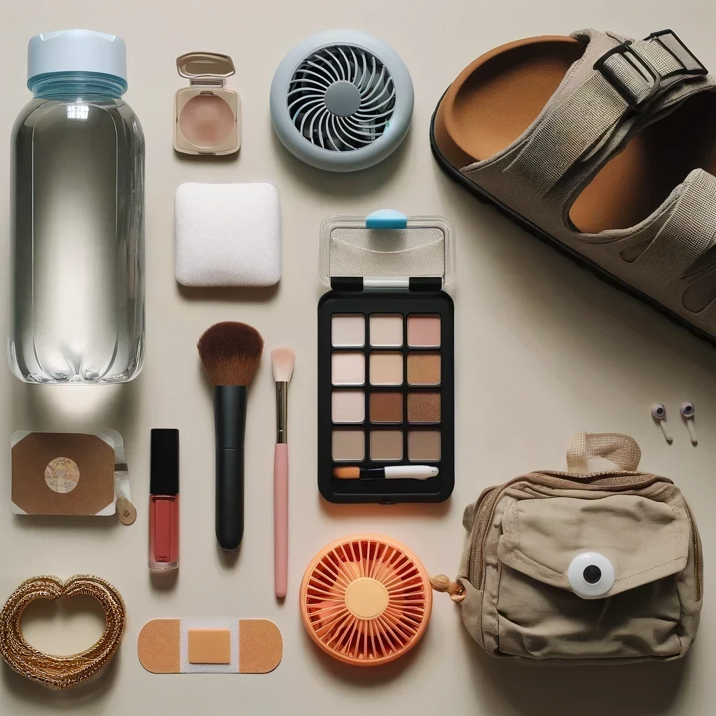 Here's an image displaying a collection of essential items for a busy day. You can see items like a water bottle, makeup kit, oil blotting sheets, portable fan, Band-Aids, and comfortable shoes arranged neatly.