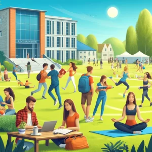 Here is the image depicting a vibrant college campus scene with diverse students engaging in various healthy activities