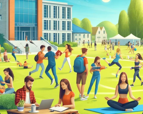 Here is the image depicting a vibrant college campus scene with diverse students engaging in various healthy activities