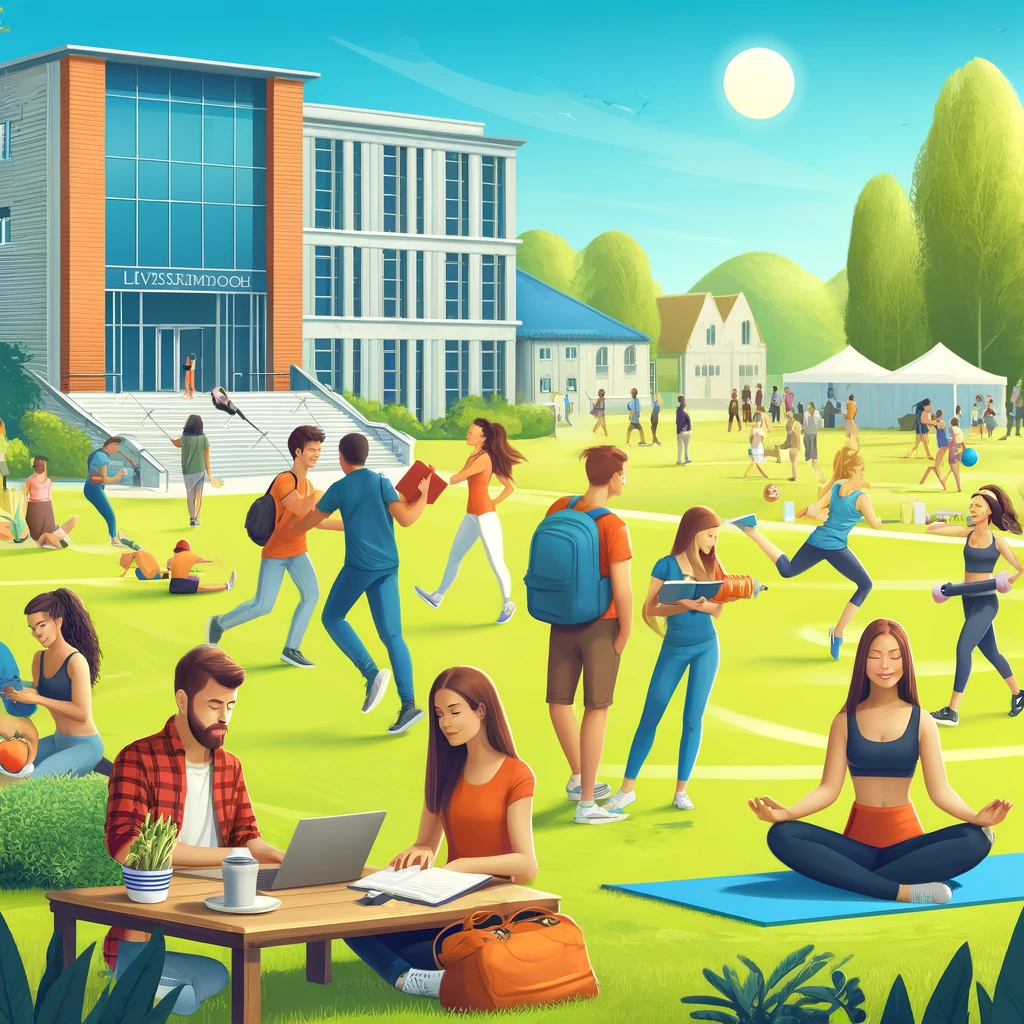 Here is the image depicting a vibrant college campus scene with diverse students engaging in various healthy activities