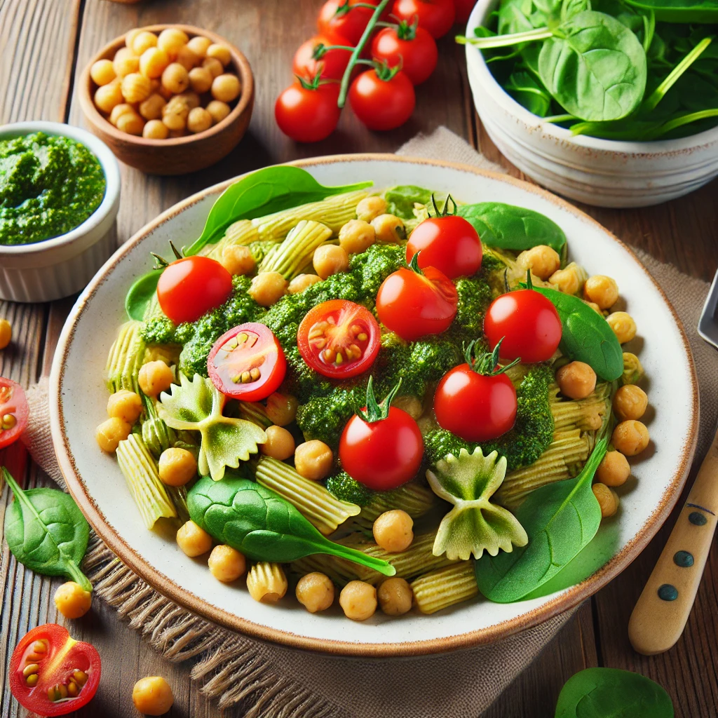 Here's the image of the chickpea pasta with pesto sauce, cherry tomatoes, and spinach.