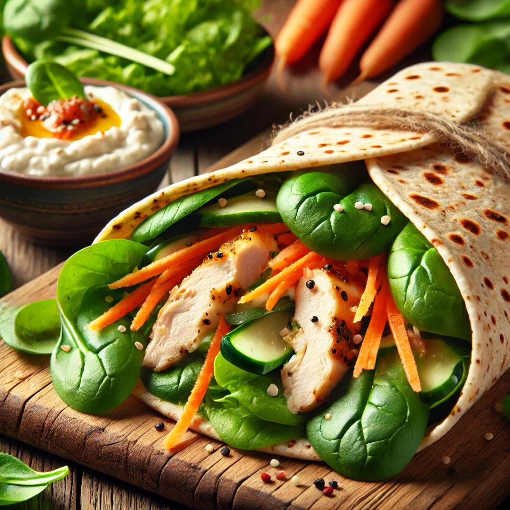 Here's the image of the chicken and veggie wrap, looking vibrant and fresh with all the colorful ingredients.
