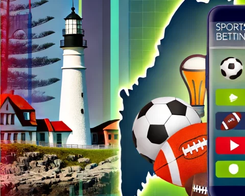Here's the image representing sports betting in Maine, featuring iconic Maine landmarks, sports symbols, and elements of modern technology.