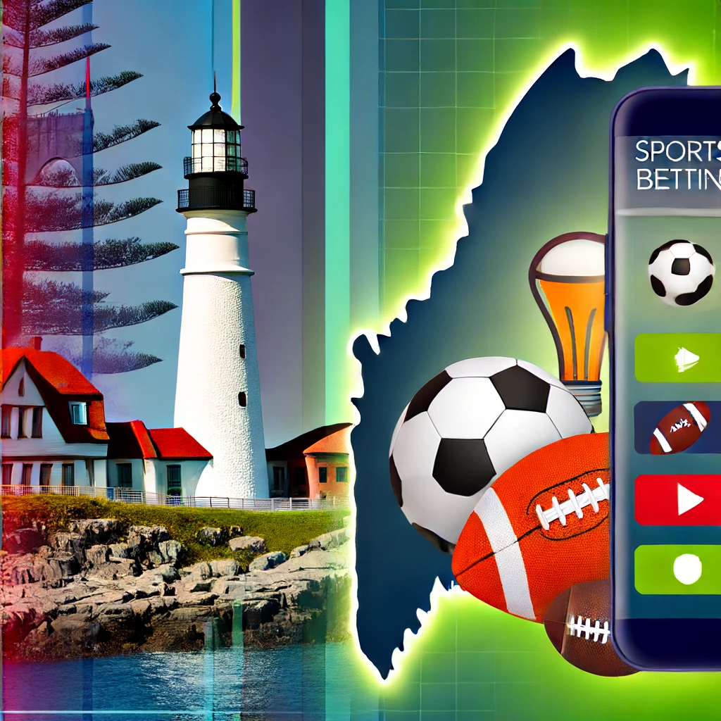 Here's the image representing sports betting in Maine, featuring iconic Maine landmarks, sports symbols, and elements of modern technology.