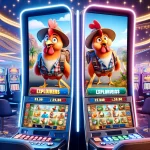 Here is the image depicting an online casino setting with two virtual slot machines themed around chickens