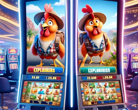 Here is the image depicting an online casino setting with two virtual slot machines themed around chickens