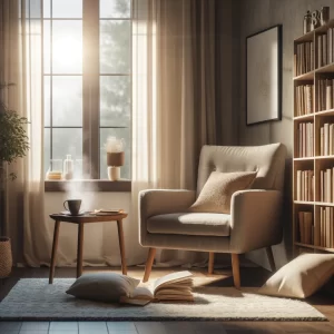 Here's the image of a cozy reading nook in a modern home, designed as a tranquil and inviting space for a quiet reading session.