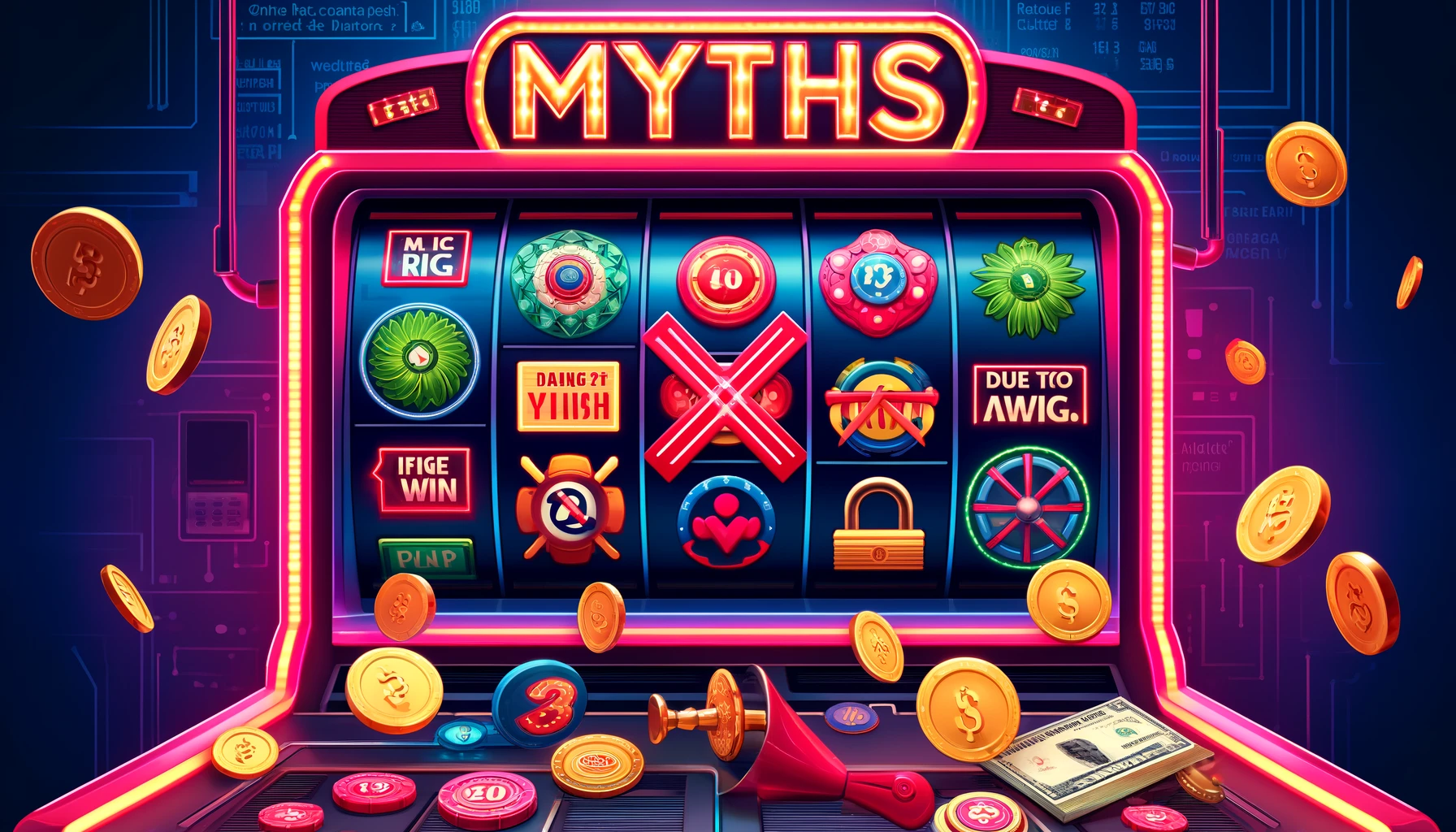 The image has been created to visually depict the debunking of common myths about online slots.