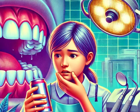 Here is the image depicting the impact of energy drinks on oral health, featuring a young student examining her teeth in a dental clinic setting.