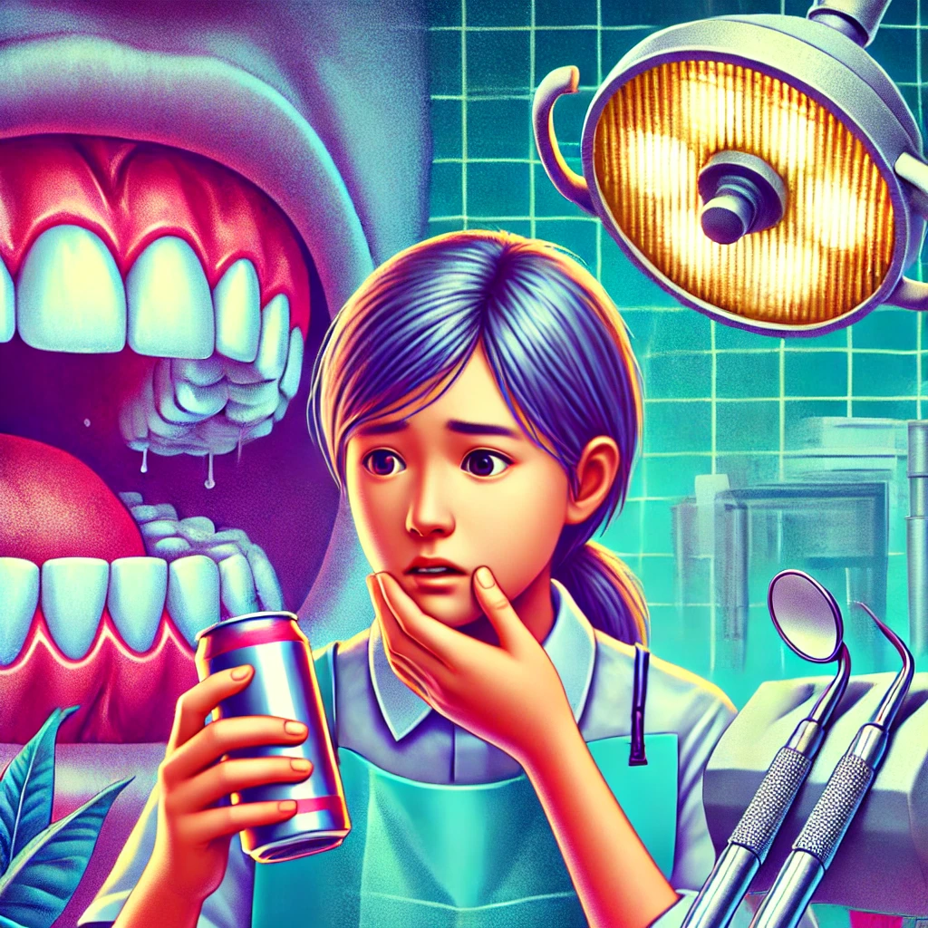 Here is the image depicting the impact of energy drinks on oral health, featuring a young student examining her teeth in a dental clinic setting.