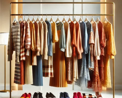 Here's the image of a clothing rack filled with a variety of clothes in a stylish retail setting.