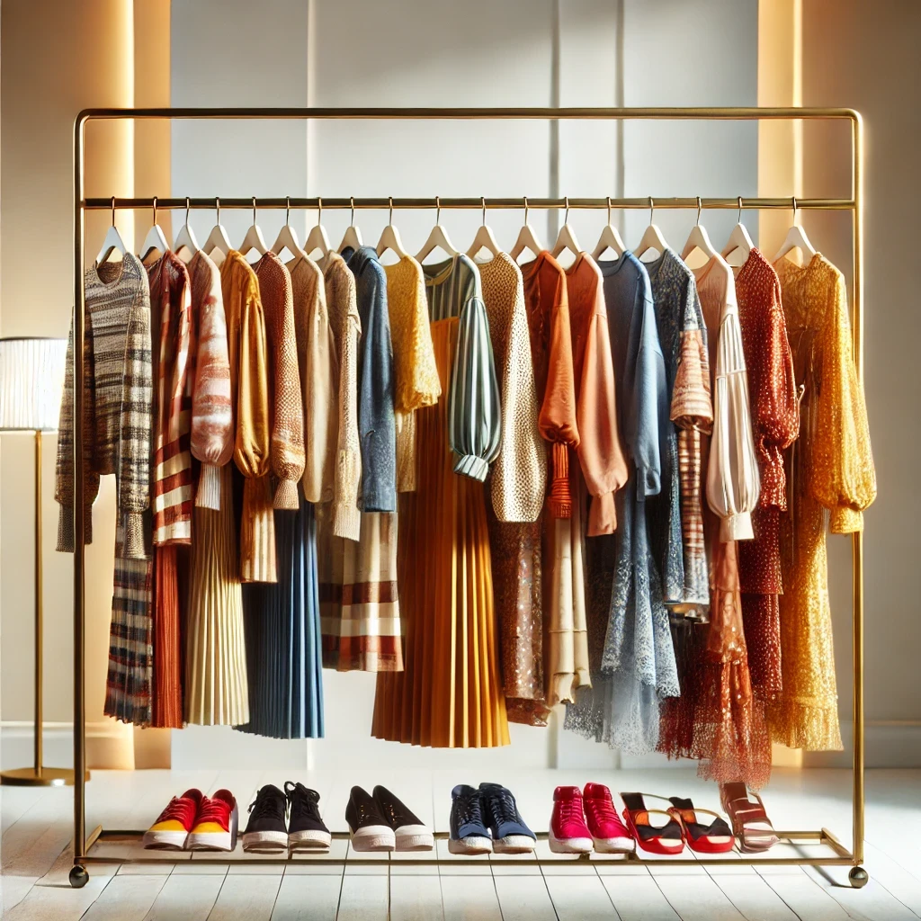 Here's the image of a clothing rack filled with a variety of clothes in a stylish retail setting.