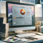 Here is the image representing a desktop environment focused on DVD finalization. It shows a computer with DVD burning software open, displaying a progress bar at 100%, and a stack of freshly burned DVDs nearby.