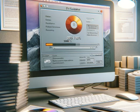 Here is the image representing a desktop environment focused on DVD finalization. It shows a computer with DVD burning software open, displaying a progress bar at 100%, and a stack of freshly burned DVDs nearby.