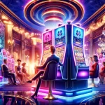 Here is the image depicting a vibrant casino setting with a diverse crowd of people, from casual gamers to high rollers, all engaging with slot machines.