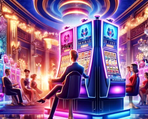 Here is the image depicting a vibrant casino setting with a diverse crowd of people, from casual gamers to high rollers, all engaging with slot machines.