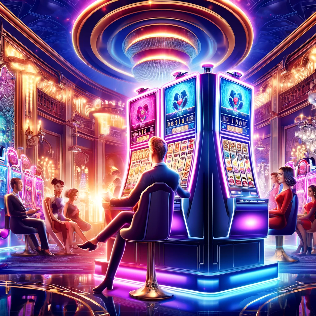 Here is the image depicting a vibrant casino setting with a diverse crowd of people, from casual gamers to high rollers, all engaging with slot machines.