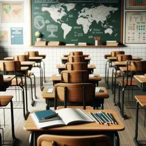 Here's the image of traditional school desks in a classroom.