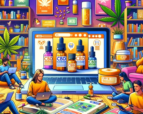 vibrant illustration highlights a diverse group of college students exploring a variety of CBD products in a supportive and educational environment.