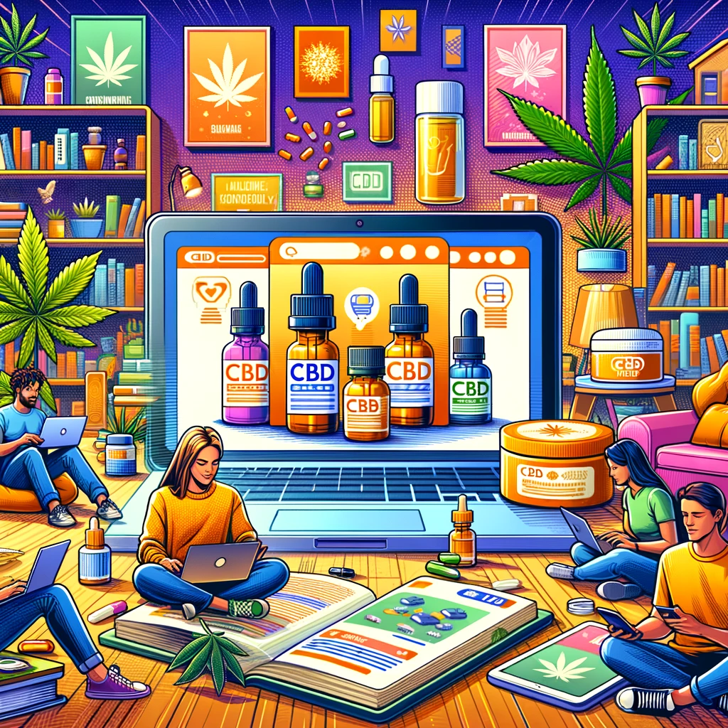 vibrant illustration highlights a diverse group of college students exploring a variety of CBD products in a supportive and educational environment.