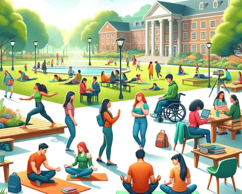 Here's the image depicting a vibrant college campus scene with students engaging in various wellness activities.