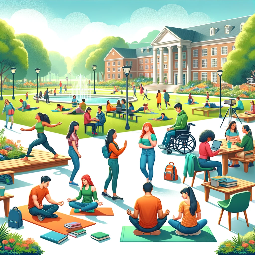 Here's the image depicting a vibrant college campus scene with students engaging in various wellness activities.