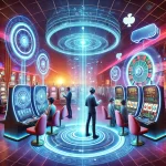 Here is the image depicting a futuristic online casino environment with advanced technology such as virtual reality headsets and holographic interfaces.