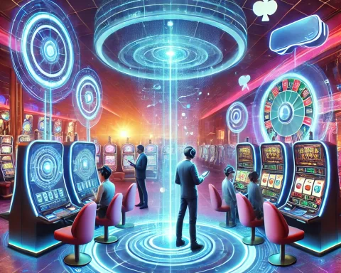 Here is the image depicting a futuristic online casino environment with advanced technology such as virtual reality headsets and holographic interfaces.