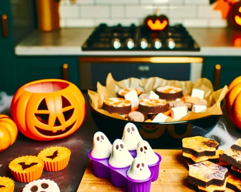 Here are the images showcasing a variety of keto Halloween treats in a vibrant kitchen setting