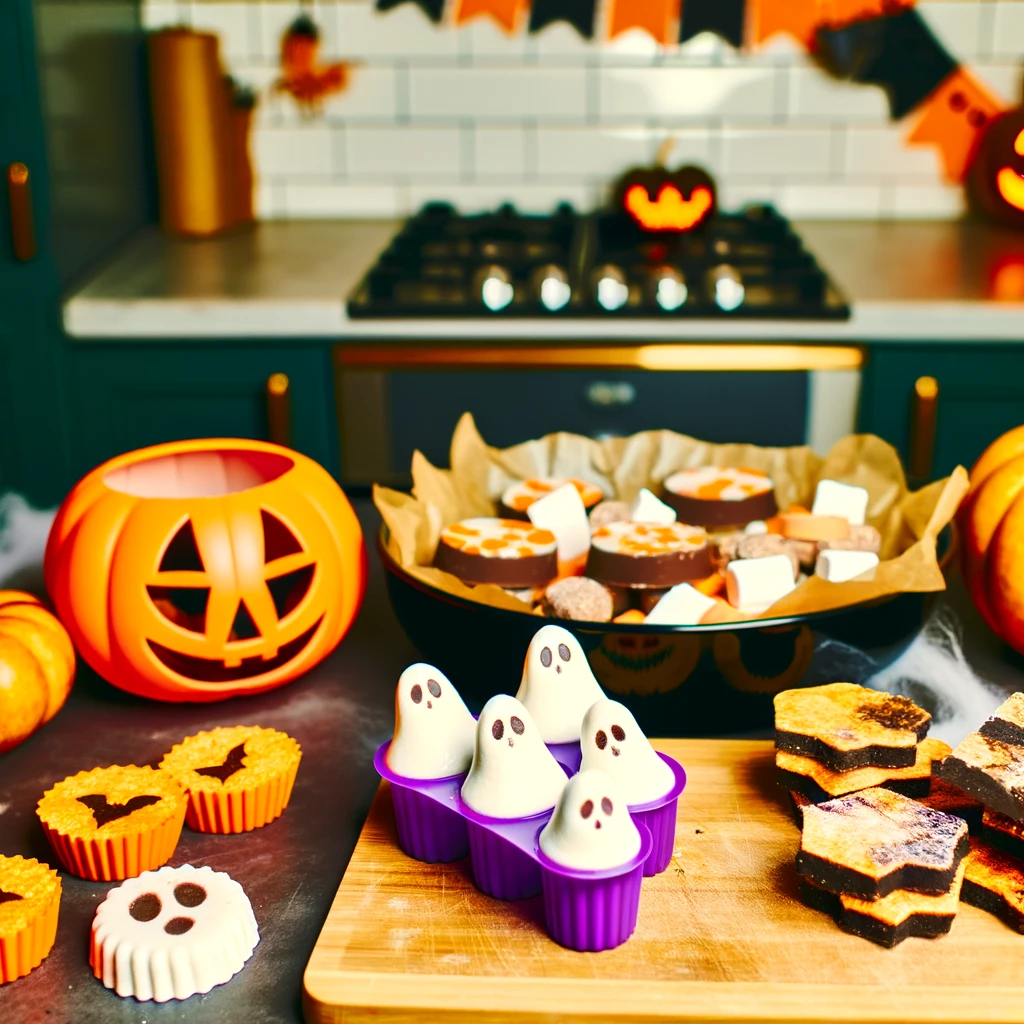 Here are the images showcasing a variety of keto Halloween treats in a vibrant kitchen setting