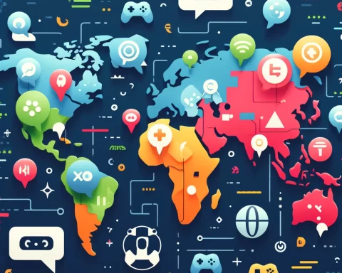 Here's the image showing a colorful and modern representation of major gaming markets highlighted on a world map, featuring symbols like game controllers and speech bubbles