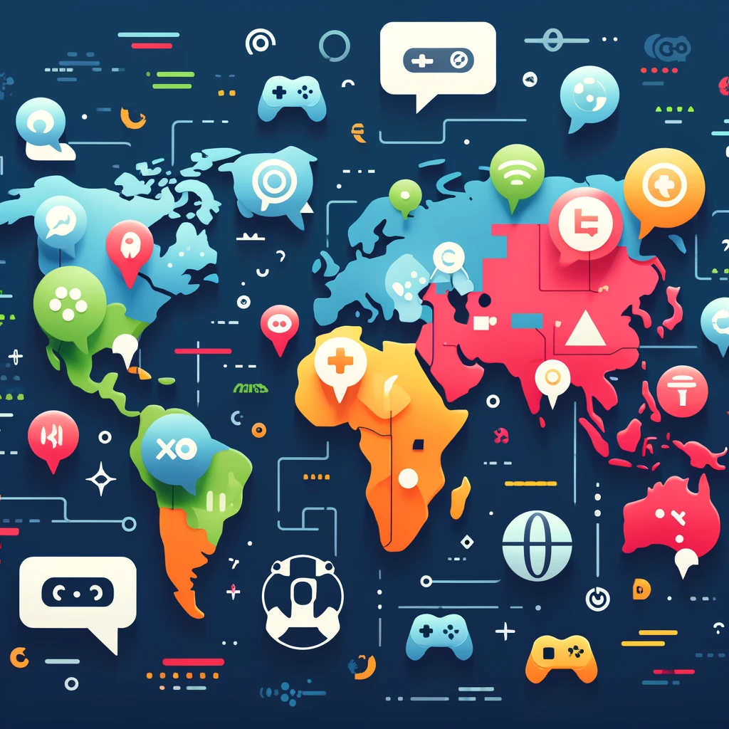 Here's the image showing a colorful and modern representation of major gaming markets highlighted on a world map, featuring symbols like game controllers and speech bubbles