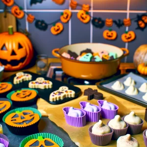 Here are the images showcasing a variety of keto Halloween treats in a vibrant kitchen setting