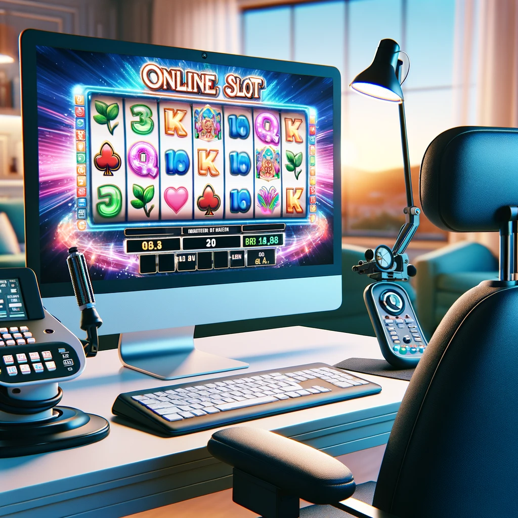 Here is the image depicting an inclusive online slot gaming setup, designed to cater to players with various disabilities.