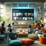 Here is the image depicting a modern home living room setup where a diverse group of young adults is gathered around watching a large flat-screen TV, enjoying a streaming service