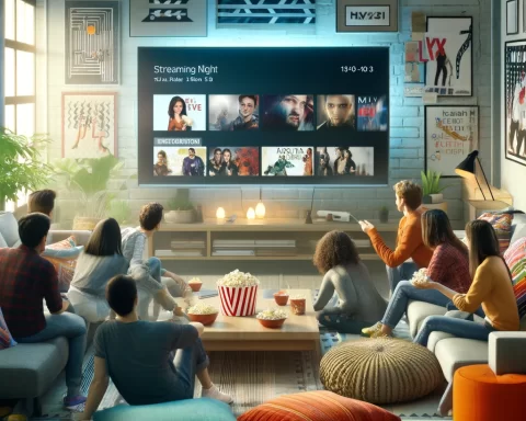 Here is the image depicting a modern home living room setup where a diverse group of young adults is gathered around watching a large flat-screen TV, enjoying a streaming service