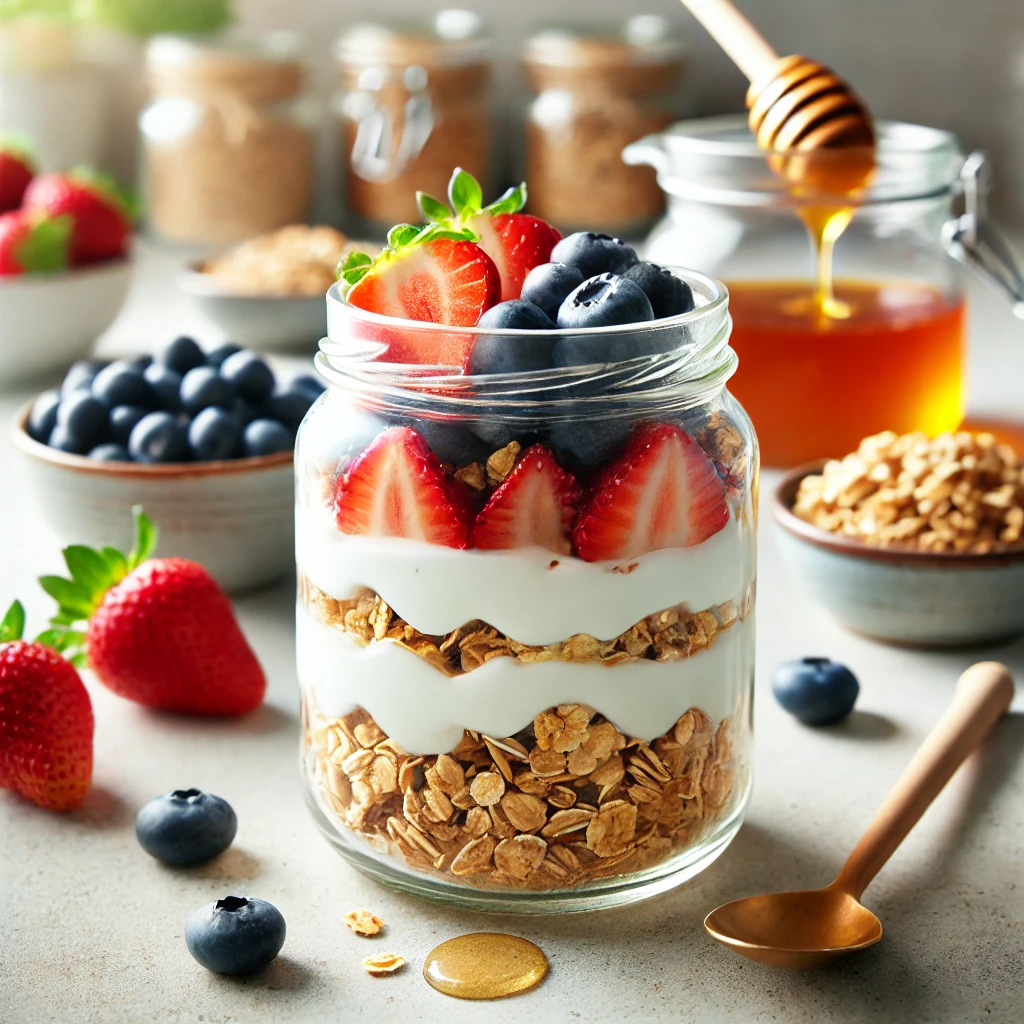 Here's the image of the Greek yogurt parfait, showcasing the delicious layers of yogurt, granola, fresh berries, and honey