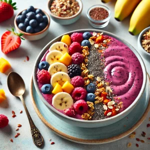 Here's the image of the smoothie bowl, looking vibrant and refreshing with its colorful toppings.