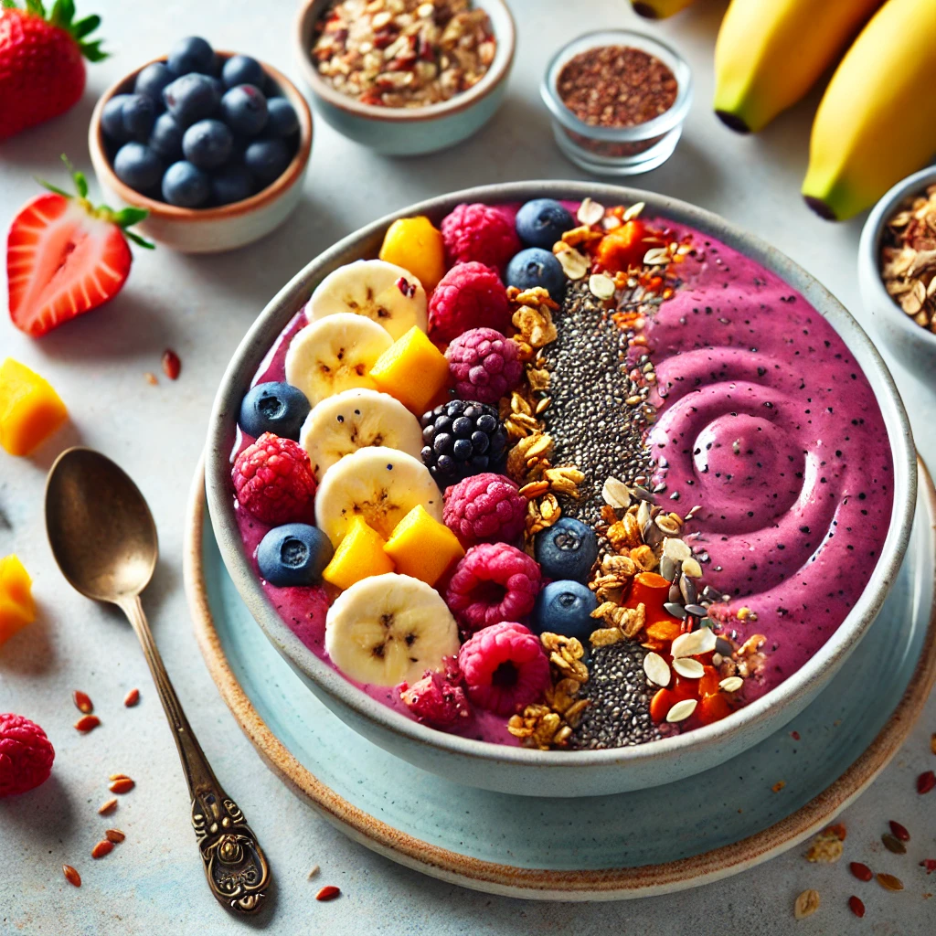 Here's the image of the smoothie bowl, looking vibrant and refreshing with its colorful toppings.